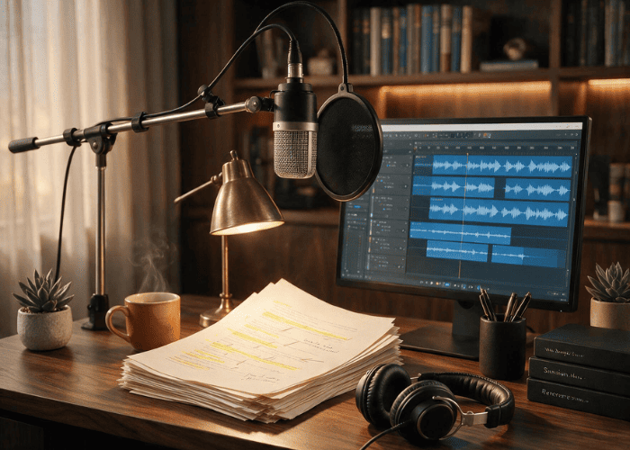 Best audiobooks production setup with a studio microphone, headphones, audio interface, and edited narration files.