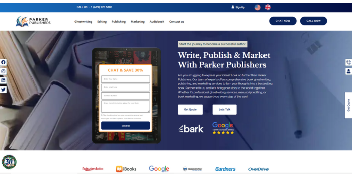 Parker Publishers homepage showcasing professional services among trusted book publishing companies in 2026