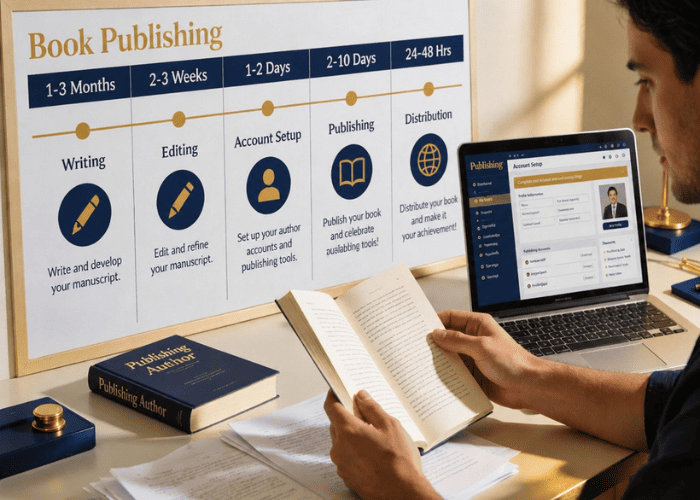 Amazon Self Publishing timeline with a first-time author reviewing a manuscript, calendar, and publishing dashboard.